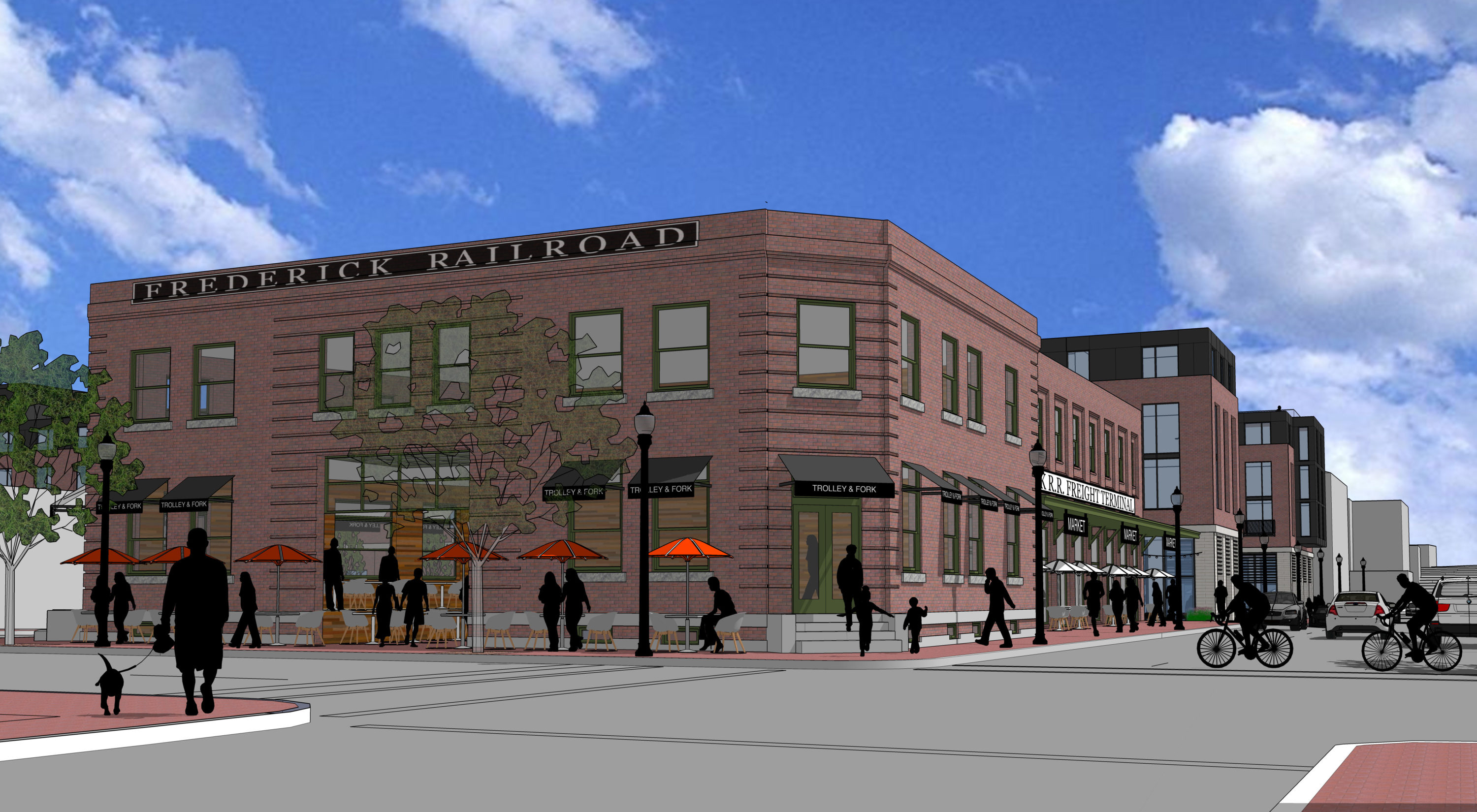 Rendering of a red bricked building with the words "Frederick Railroad" across the top.